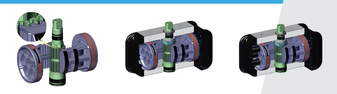 Przekroje napędów obrotowych pokazujące system ząbkowy Rack and Pinion